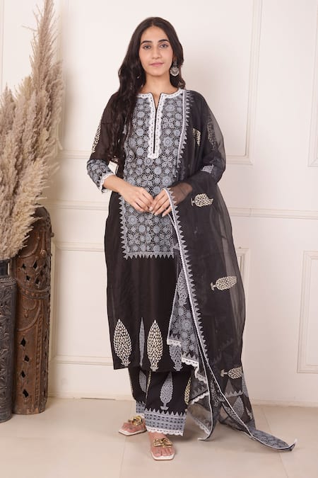 Abbaran Chanderi Block Print Panel Kurta Palazzo Set 