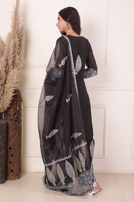 Abbaran_Black Chanderi, Cotton, Organza Embroidery, Block Print Panel Kurta Palazzo Set _Online_at_Aza_Fashions