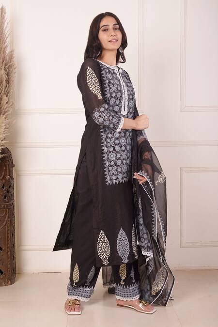 Shop_Abbaran_Black Chanderi, Cotton, Organza Embroidery, Block Print Panel Kurta Palazzo Set _Online_at_Aza_Fashions