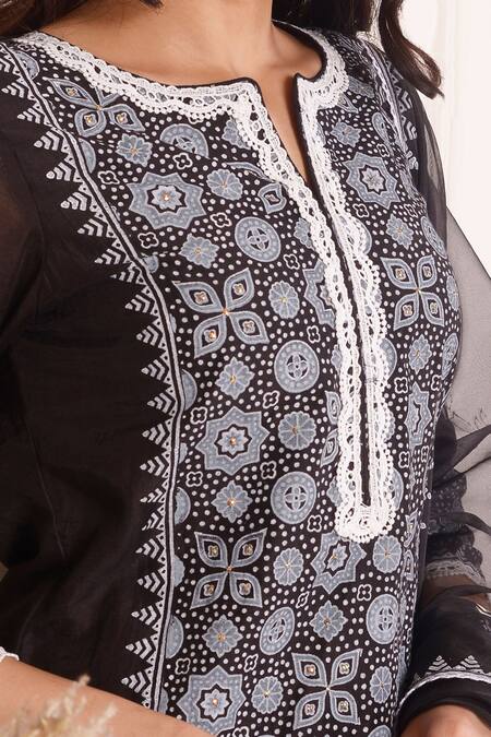 Abbaran_Black Chanderi, Cotton, Organza Embroidery, Block Print Panel Kurta Palazzo Set _at_Aza_Fashions