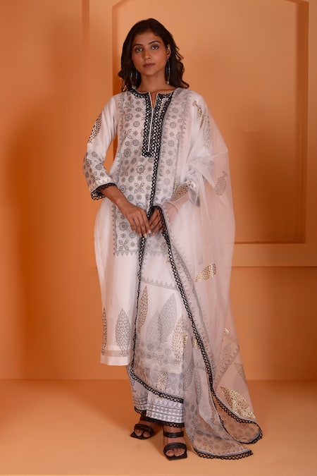 Abbaran Chanderi Floral Block Print Kurta Palazzo Set 