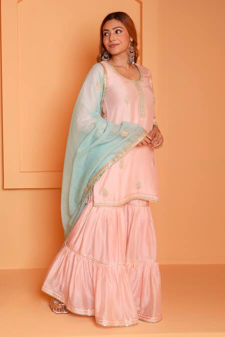 Shop_Abbaran_Peach Cotton, Silk Diamonds, Gota Patti, Embroidery Dori Kurta Gharara Set _Online_at_Aza_Fashions