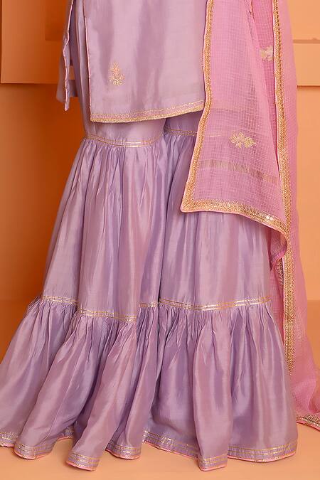 Buy_Abbaran_Purple Cotton, Silk Embroidery, Gota Patti Round Floral Dori Kurta Gharara Set _Online_at_Aza_Fashions