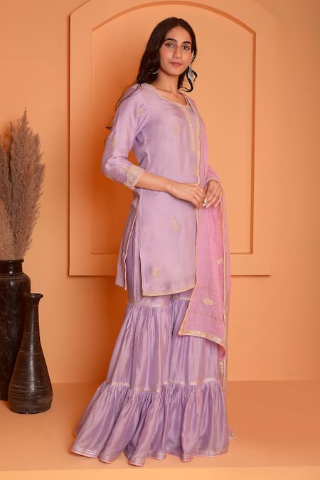 Shop_Abbaran_Purple Cotton, Silk Embroidery, Gota Patti Round Floral Dori Kurta Gharara Set _Online_at_Aza_Fashions