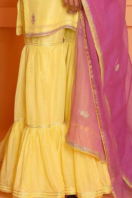 Buy_Abbaran_Yellow Cotton, Silk Embroidery, Gota Patti Round Dori Floral Kurta Gharara Set _Online_at_Aza_Fashions
