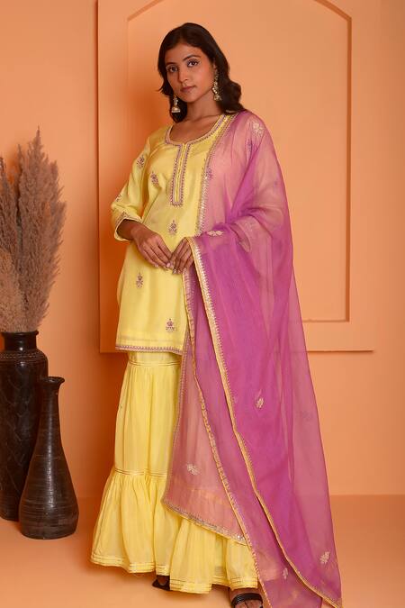 Shop_Abbaran_Yellow Cotton, Silk Embroidery, Gota Patti Round Dori Floral Kurta Gharara Set _Online_at_Aza_Fashions