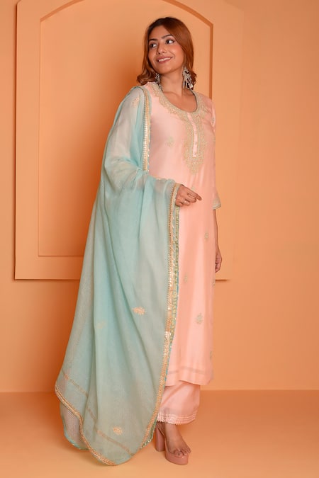 Shop_Abbaran_Peach Cotton, Silk Gota Patti, Embroidery Round Paisley Dori Kurta Palazzo Set _Online_at_Aza_Fashions