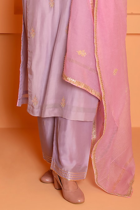 Buy_Abbaran_Purple Cotton, Silk Gota Patti, Embroidery Floral Bud Dori Kurta Palazzo Set _Online_at_Aza_Fashions