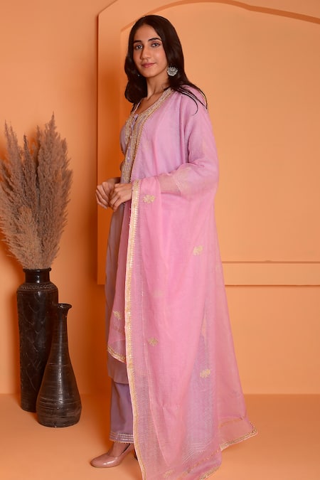 Shop_Abbaran_Purple Cotton, Silk Gota Patti, Embroidery Floral Bud Dori Kurta Palazzo Set _Online_at_Aza_Fashions
