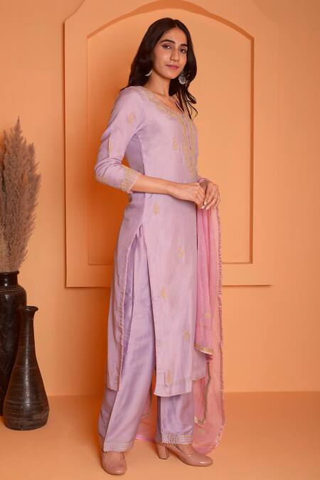 Abbaran_Purple Cotton, Silk Gota Patti, Embroidery Floral Bud Dori Kurta Palazzo Set _at_Aza_Fashions