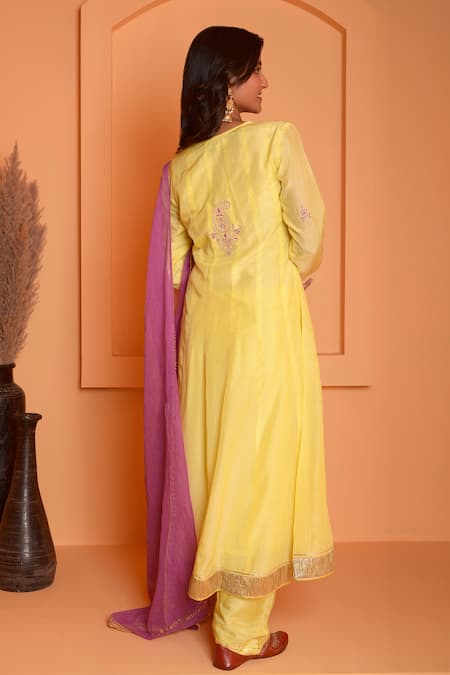 Abbaran_Yellow Cotton, Silk Embroidery, Gota Placement Floral Anarkali Palazzo Set _Online_at_Aza_Fashions