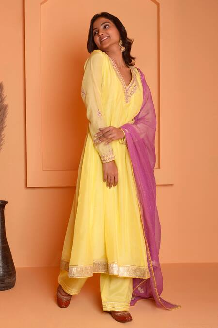 Shop_Abbaran_Yellow Cotton, Silk Embroidery, Gota Placement Floral Anarkali Palazzo Set _Online_at_Aza_Fashions