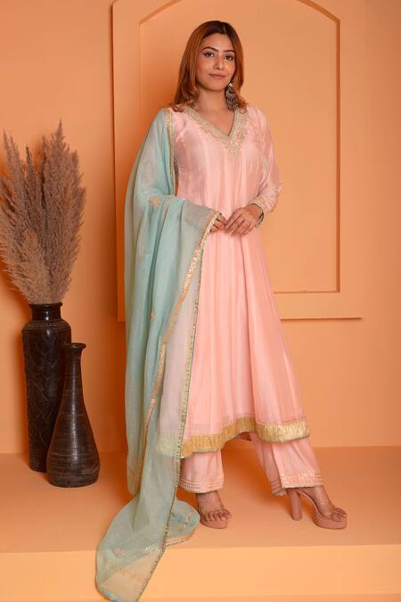Buy_Abbaran_Peach Cotton, Silk Embroidery V-neck Dori Placed Pattern Anarkali Palazzo Set _Online_at_Aza_Fashions
