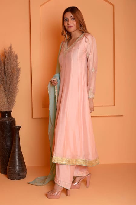 Shop_Abbaran_Peach Cotton, Silk Embroidery V-neck Dori Placed Pattern Anarkali Palazzo Set _Online_at_Aza_Fashions