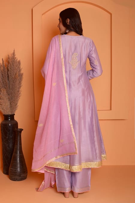 Abbaran_Purple Cotton, Silk Embroidery, Gota Floral Placement Anarkali Palazzo Set _Online_at_Aza_Fashions