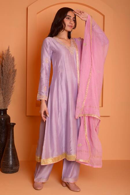 Buy_Abbaran_Purple Cotton, Silk Embroidery, Gota Floral Placement Anarkali Palazzo Set _Online_at_Aza_Fashions