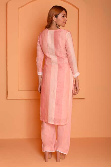 Abbaran_Peach Linen Embroidery Split V-neck Placed Floral High-low Kurta With Pant _Online_at_Aza_Fashions