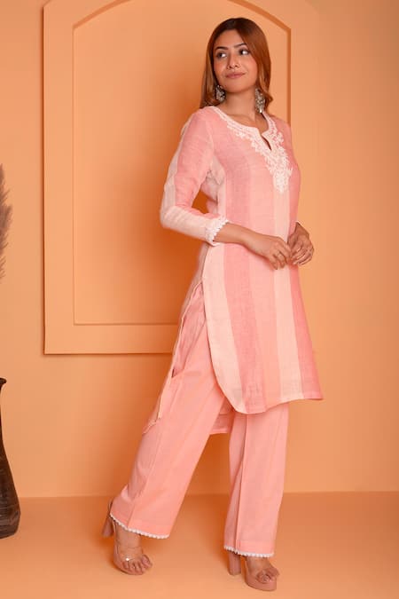 Buy_Abbaran_Peach Linen Embroidery Split V-neck Placed Floral High-low Kurta With Pant _Online_at_Aza_Fashions