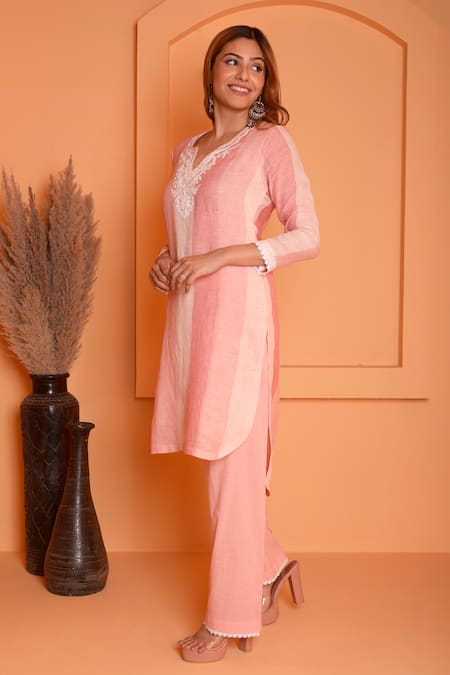 Shop_Abbaran_Peach Linen Embroidery Split V-neck Placed Floral High-low Kurta With Pant _Online_at_Aza_Fashions