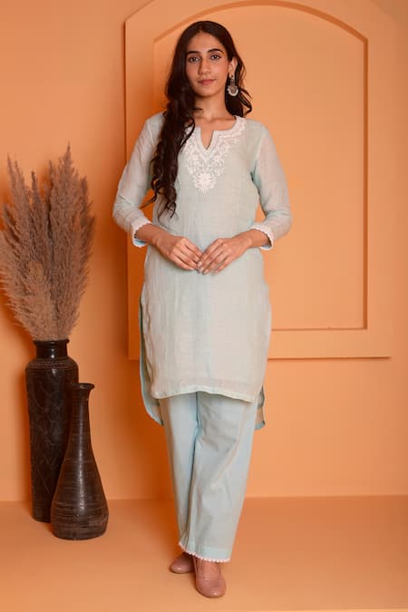 Abbaran Blue Linen Embroidered Floral Placed Dori High-low Kurta With Pant 