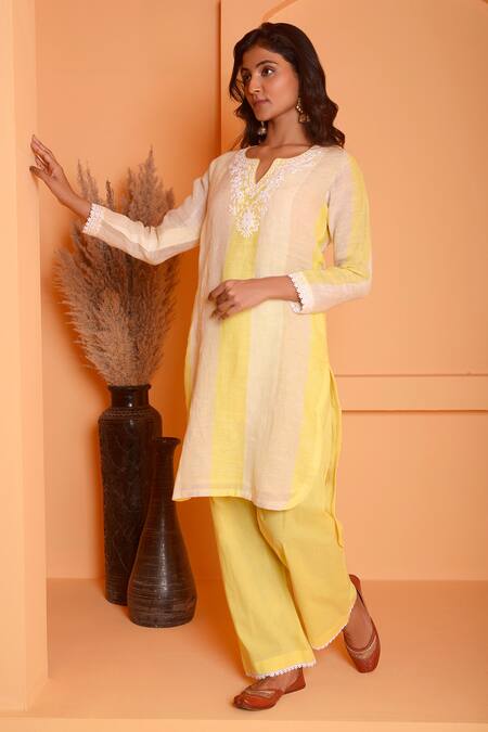 Buy_Abbaran_Yellow Linen Embroidery Split V-neck Placed Dori Kurta With Pant _Online_at_Aza_Fashions