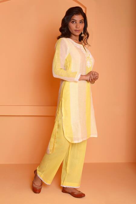 Shop_Abbaran_Yellow Linen Embroidery Split V-neck Placed Dori Kurta With Pant _Online_at_Aza_Fashions