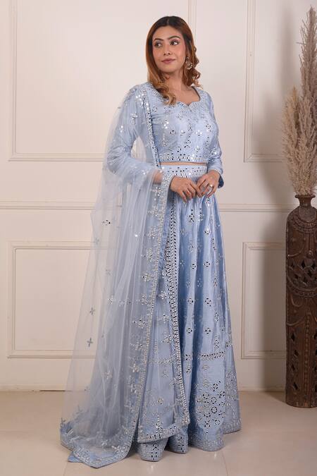 Buy_Abbaran_Blue Silk, Viscose Mirrors Asymmetric Embroidered Lehenga Choli Set _Online_at_Aza_Fashions