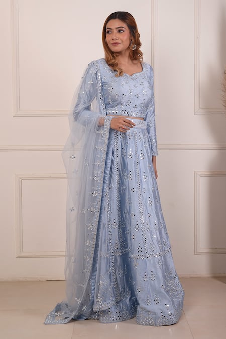 Shop_Abbaran_Blue Silk, Viscose Mirrors Asymmetric Embroidered Lehenga Choli Set _Online_at_Aza_Fashions