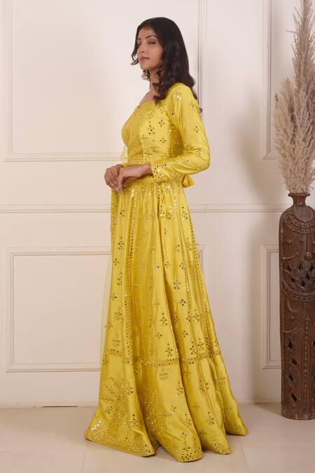 Buy_Abbaran_Yellow Silk, Viscose Mirrors Asymmetric Work Lehenga Choli Set _Online_at_Aza_Fashions
