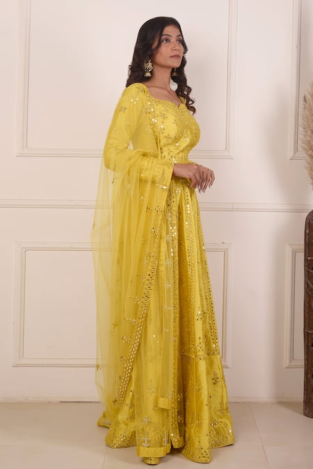 Shop_Abbaran_Yellow Silk, Viscose Mirrors Asymmetric Work Lehenga Choli Set _Online_at_Aza_Fashions