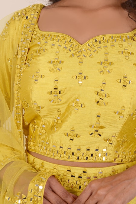 Abbaran_Yellow Silk, Viscose Mirrors Asymmetric Work Lehenga Choli Set _at_Aza_Fashions