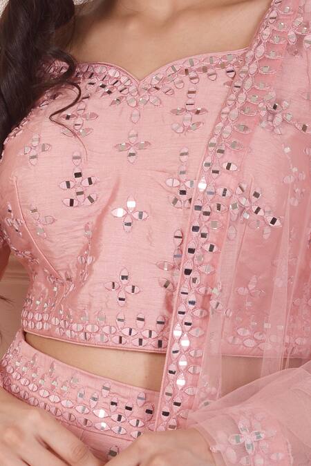 Abbaran Peach Silk, Viscose Mirrors Embroidered Lehenga Set at Aza Fashions Abbaran_Peach Silk, Viscose Mirrors Embroidered Lehenga Set _at_Aza_Fashions
