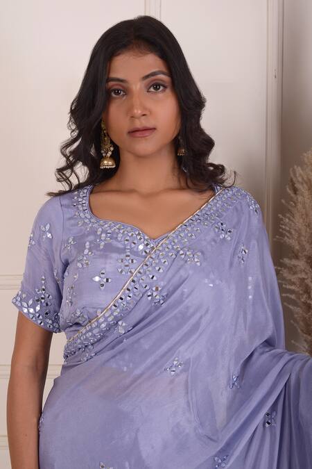 Abbaran_Blue Chiffon Mirrors Asymmetric Work Saree With Blouse_Online_at_Aza_Fashions
