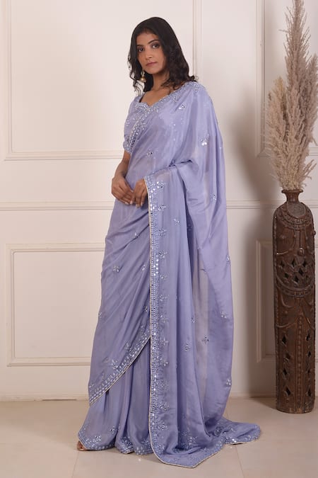Shop_Abbaran_Blue Chiffon Mirrors Asymmetric Work Saree With Blouse_Online_at_Aza_Fashions