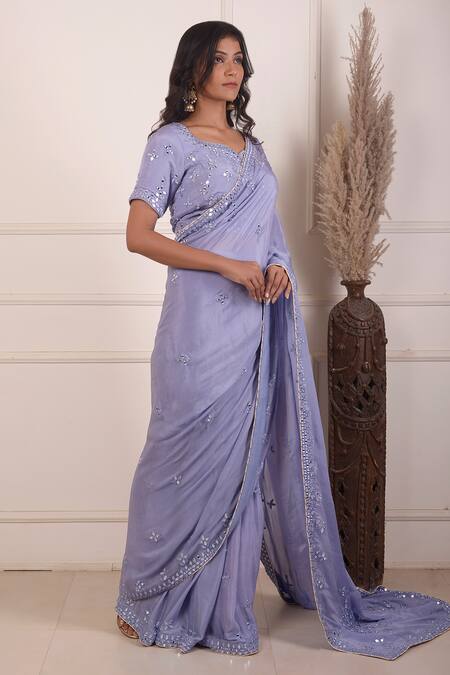 Abbaran_Blue Chiffon Mirrors Asymmetric Work Saree With Blouse_at_Aza_Fashions