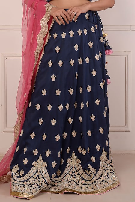 Abbaran_Blue Cotton, Silk, Net Sequins, Diamonds, Embroidery Navy Floral Lehenga Set_Online_at_Aza_Fashions