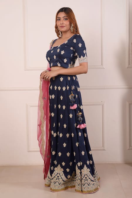 Shop_Abbaran_Blue Cotton, Silk, Net Sequins, Diamonds, Embroidery Navy Floral Lehenga Set_Online_at_Aza_Fashions