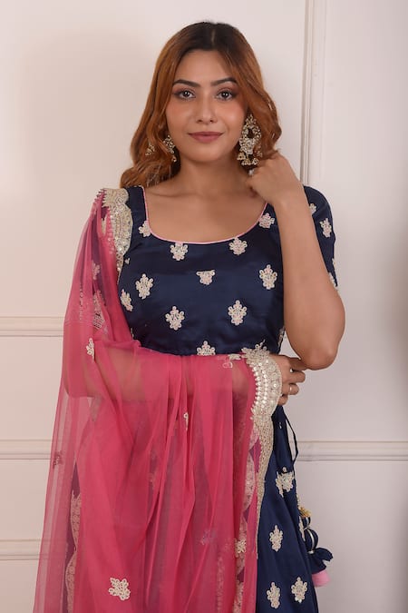 Abbaran_Blue Cotton, Silk, Net Sequins, Diamonds, Embroidery Navy Floral Lehenga Set_at_Aza_Fashions