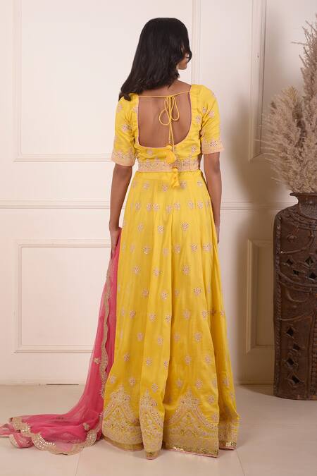 Shop_Abbaran_Yellow Cotton, Silk, Net Embroidery Round Neck Sequin And Dori Lehenga Set_at_Aza_Fashions