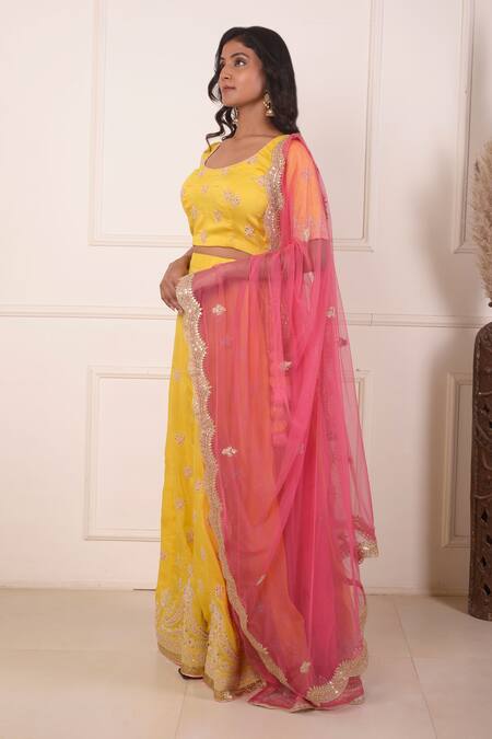 Abbaran_Yellow Cotton, Silk, Net Embroidery Round Neck Sequin And Dori Lehenga Set_Online_at_Aza_Fashions