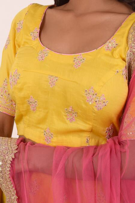 Abbaran_Yellow Cotton, Silk, Net Embroidery Round Neck Sequin And Dori Lehenga Set_at_Aza_Fashions