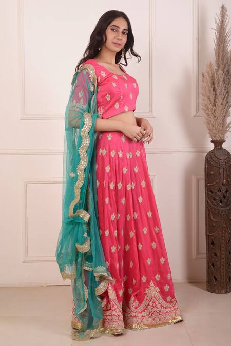 Abbaran_Pink Cotton, Silk, Net Sequins, Embroidery Round Neck Dori Lehenga Set_Online_at_Aza_Fashions