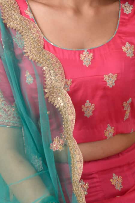 Shop_Abbaran_Pink Cotton, Silk, Net Sequins, Embroidery Round Neck Dori Lehenga Set_Online_at_Aza_Fashions