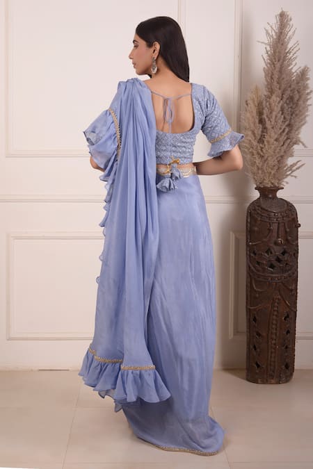 Abbaran Laced Pre-Draped Saree With Embroidered Blouse 