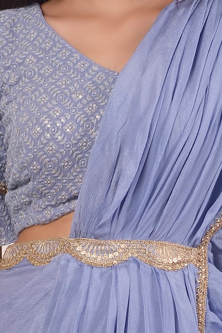 Buy Abbaran Blue Chiffon Lace, Embroidery V-neck Pre-draped Saree With Blouse Online at Aza Fashions Buy_Abbaran_Blue Chiffon Lace, Embroidery V-neck Pre-draped Saree With Blouse _Online_at_Aza_Fashions