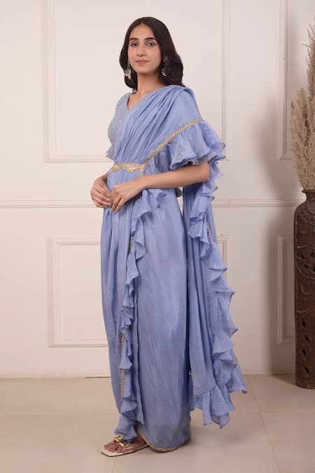 Shop_Abbaran_Blue Chiffon Lace, Embroidery V-neck Pre-draped Saree With Blouse _Online_at_Aza_Fashions