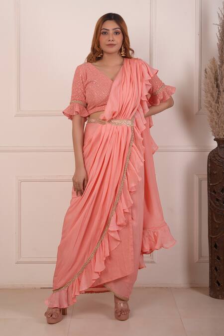 Buy_Abbaran_Peach Chiffon Lace, Embroidery V-neck Pre-draped Saree With Blouse _Online_at_Aza_Fashions