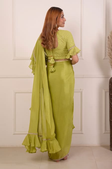 Abbaran Pre-Draped Saree With Lucknowi Work Blouse 