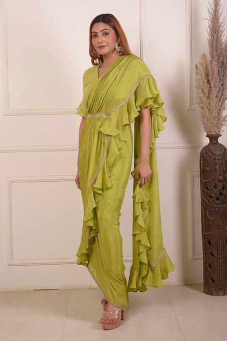 Buy_Abbaran_Green Chiffon Lace, Embroidery V-neck Pre-draped Saree With Lucknowi Work Blouse _Online_at_Aza_Fashions