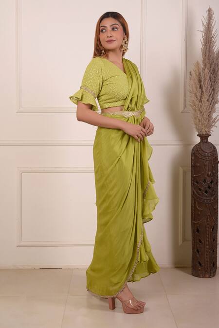 Shop_Abbaran_Green Chiffon Lace, Embroidery V-neck Pre-draped Saree With Lucknowi Work Blouse _Online_at_Aza_Fashions